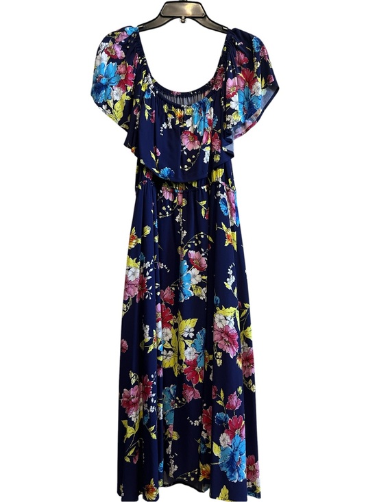 BP. Dresses & Skirts - BP. Navy Floral Midi Dress with Ruffle Overlay Size Large